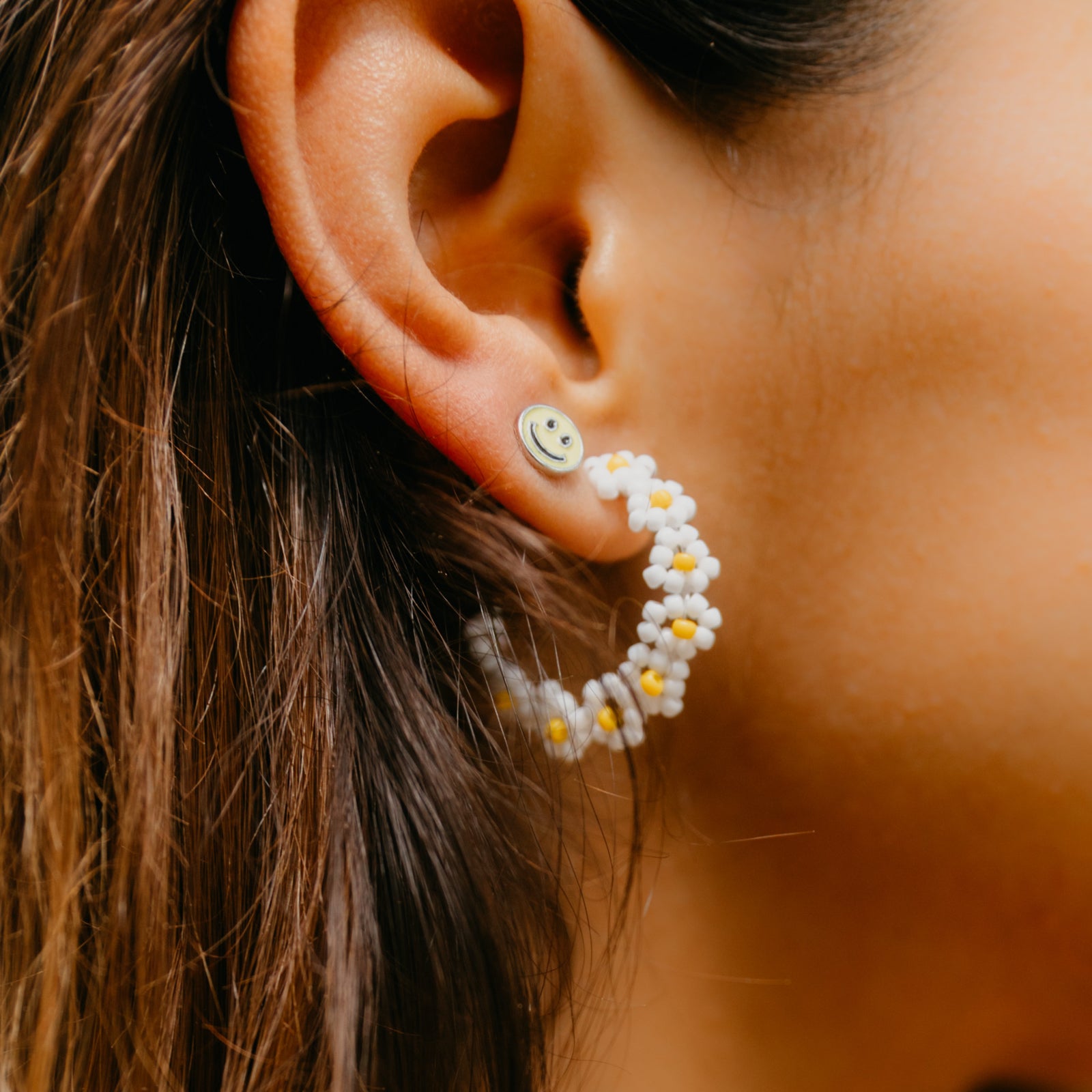 Beaded Flower Hoop Earrings