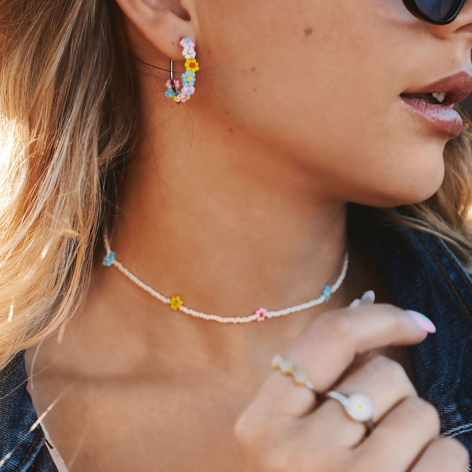 Beaded Flower Hoop Earrings